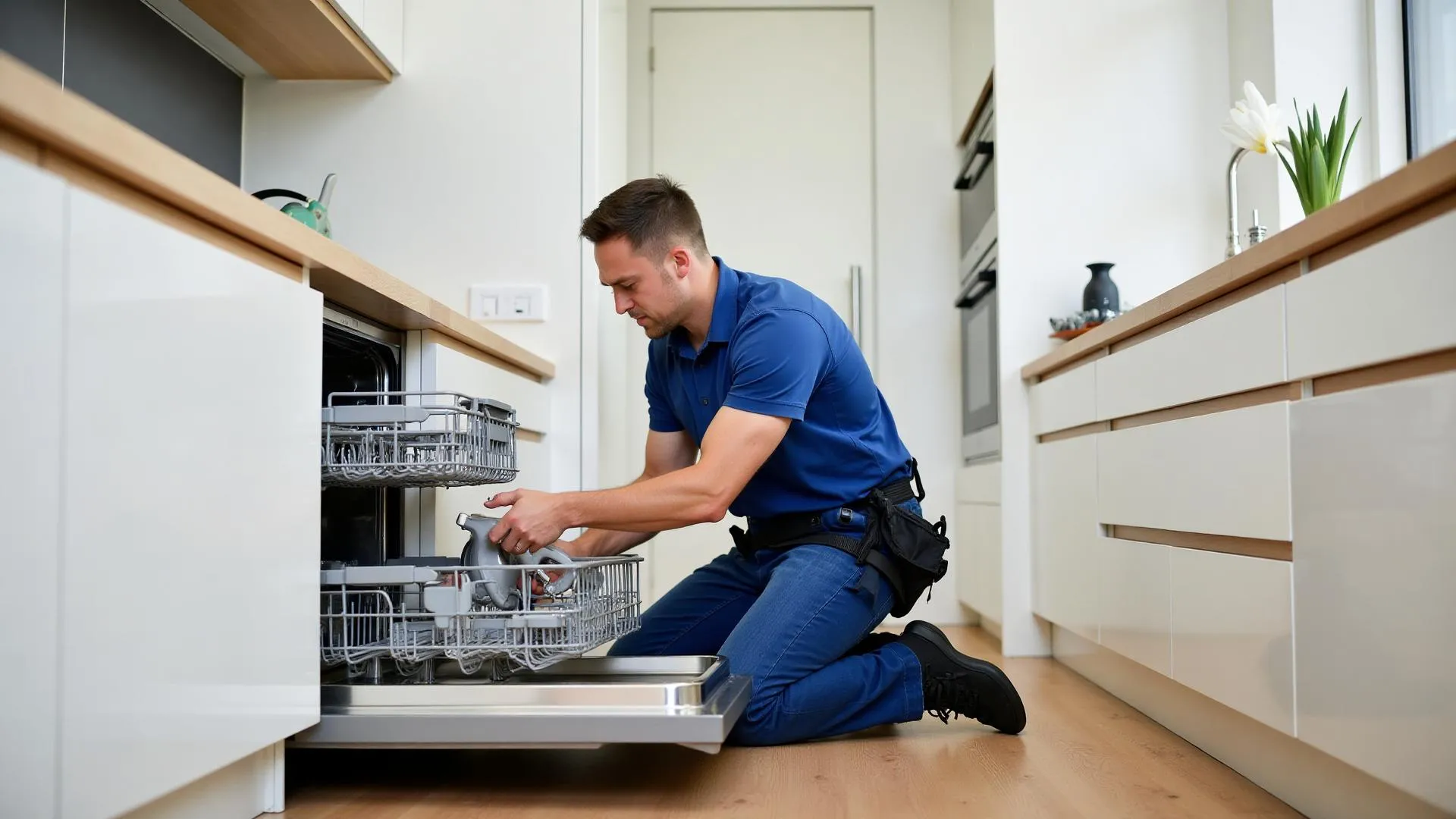 Technician installing a dishwasher and connecting water and drain lines for proper operation