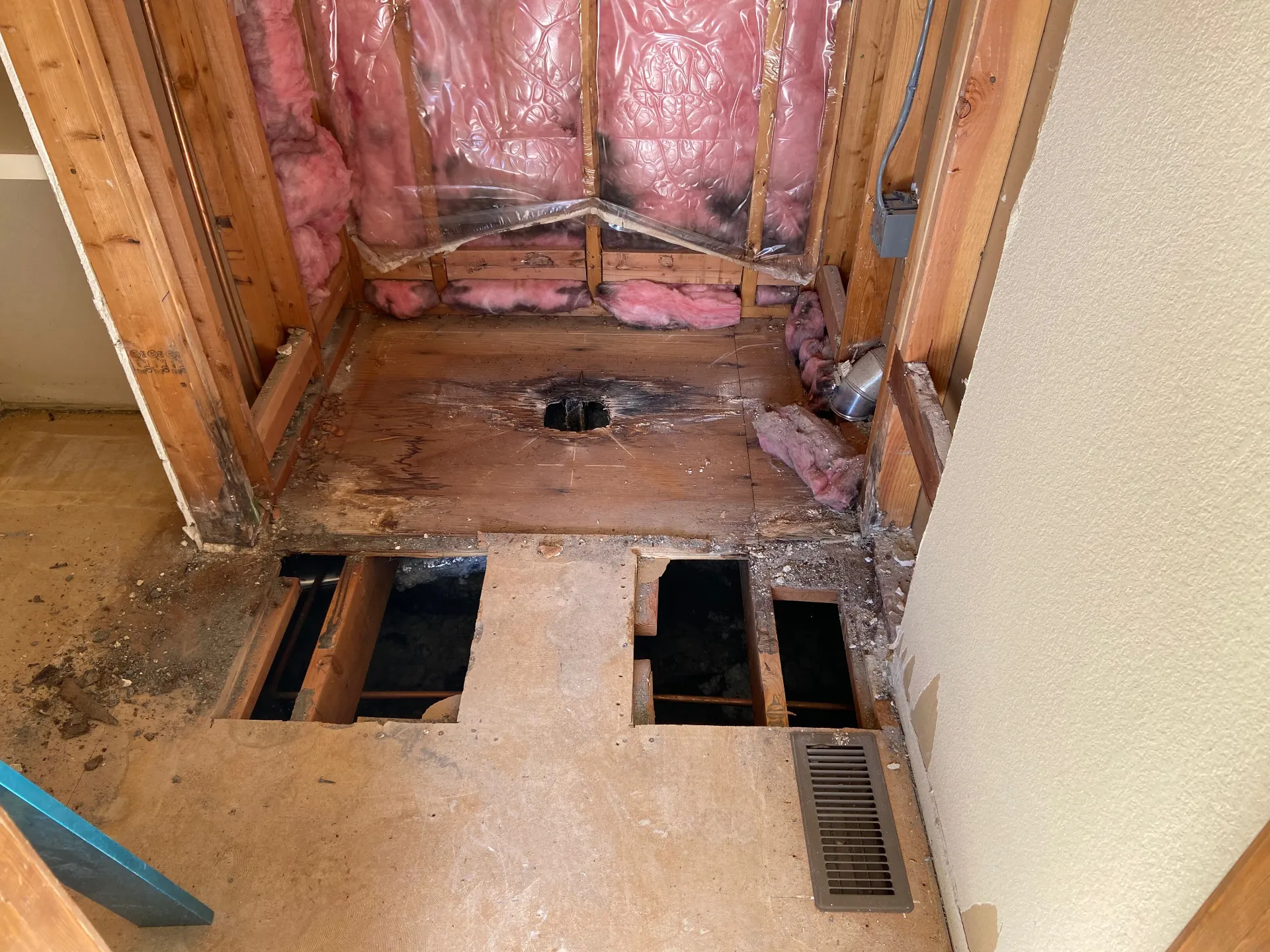 Shower area during demolition - exposed framing and subfloor