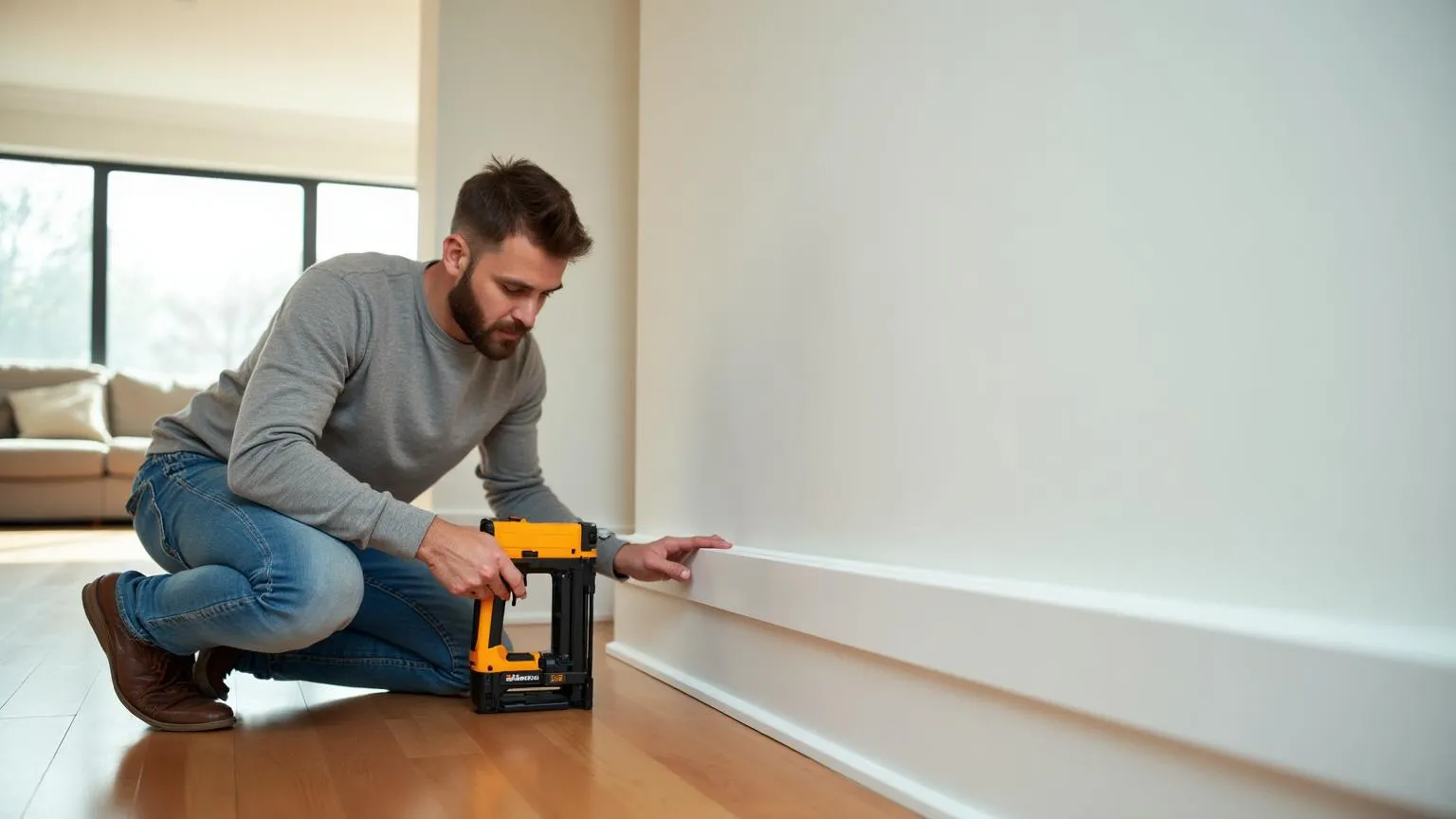 Carpenter installing new baseboards and trim along a living room wall with precision tools and a clean finish