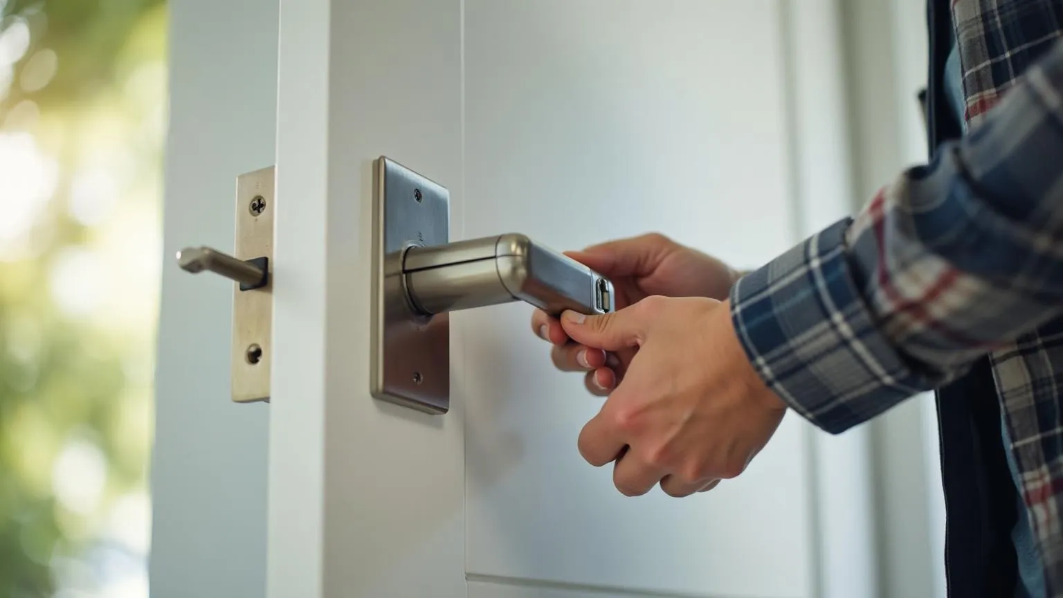 Technician installing a smart lock on a front door to improve home security and convenience