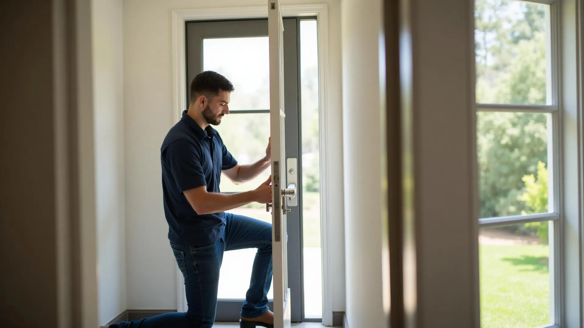 Technician adjusting a residential door hinge and installing upgraded hardware for smooth operation