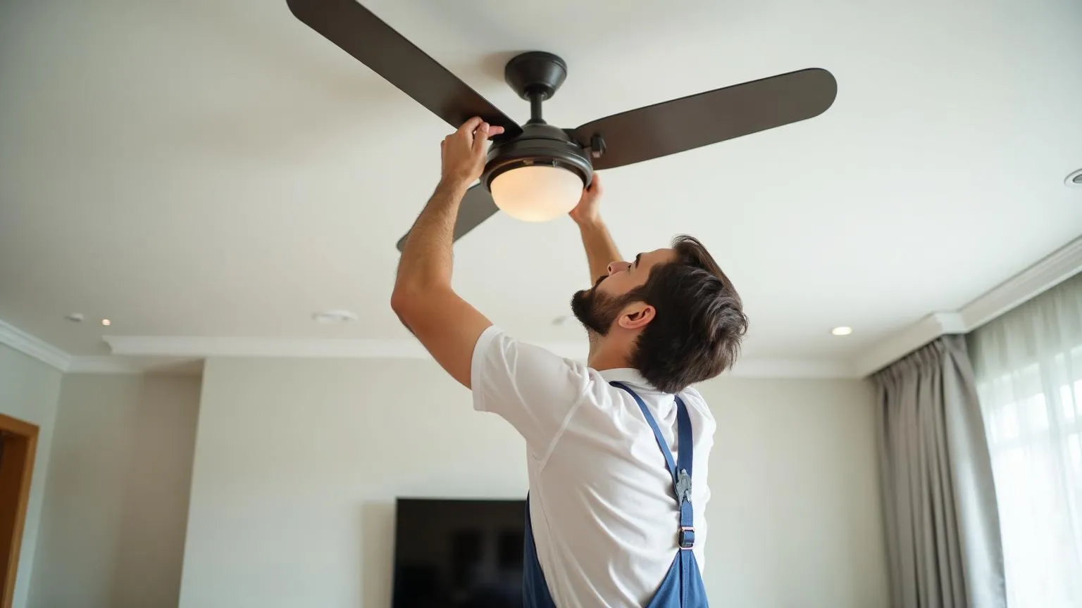 Electrician installing a modern ceiling fan and connecting wiring for a safe and professional installation
