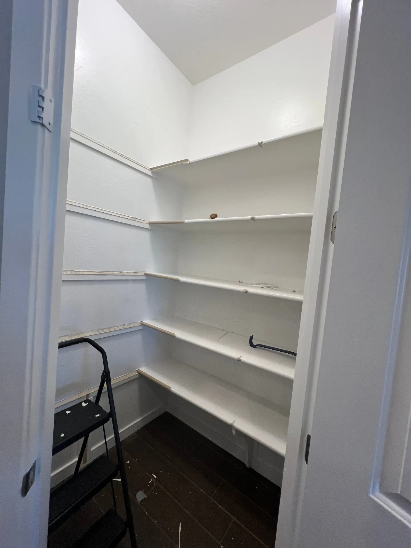 Pantry before renovation - basic particle board shelves