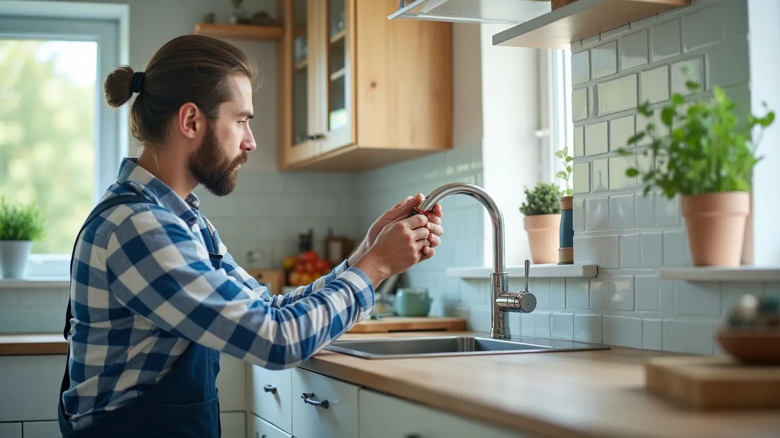Handyman installing a new kitchen faucet and connecting water supply lines under the sink