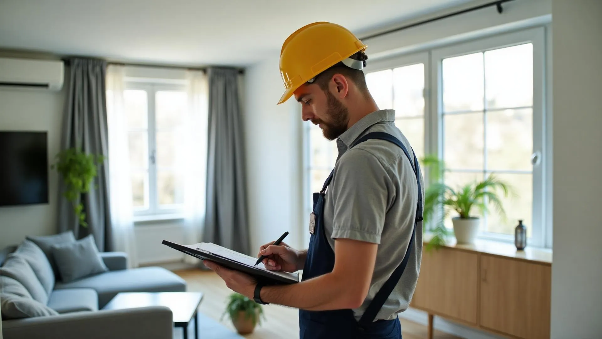 Technician performing a rental property turnover inspection and completing maintenance tasks