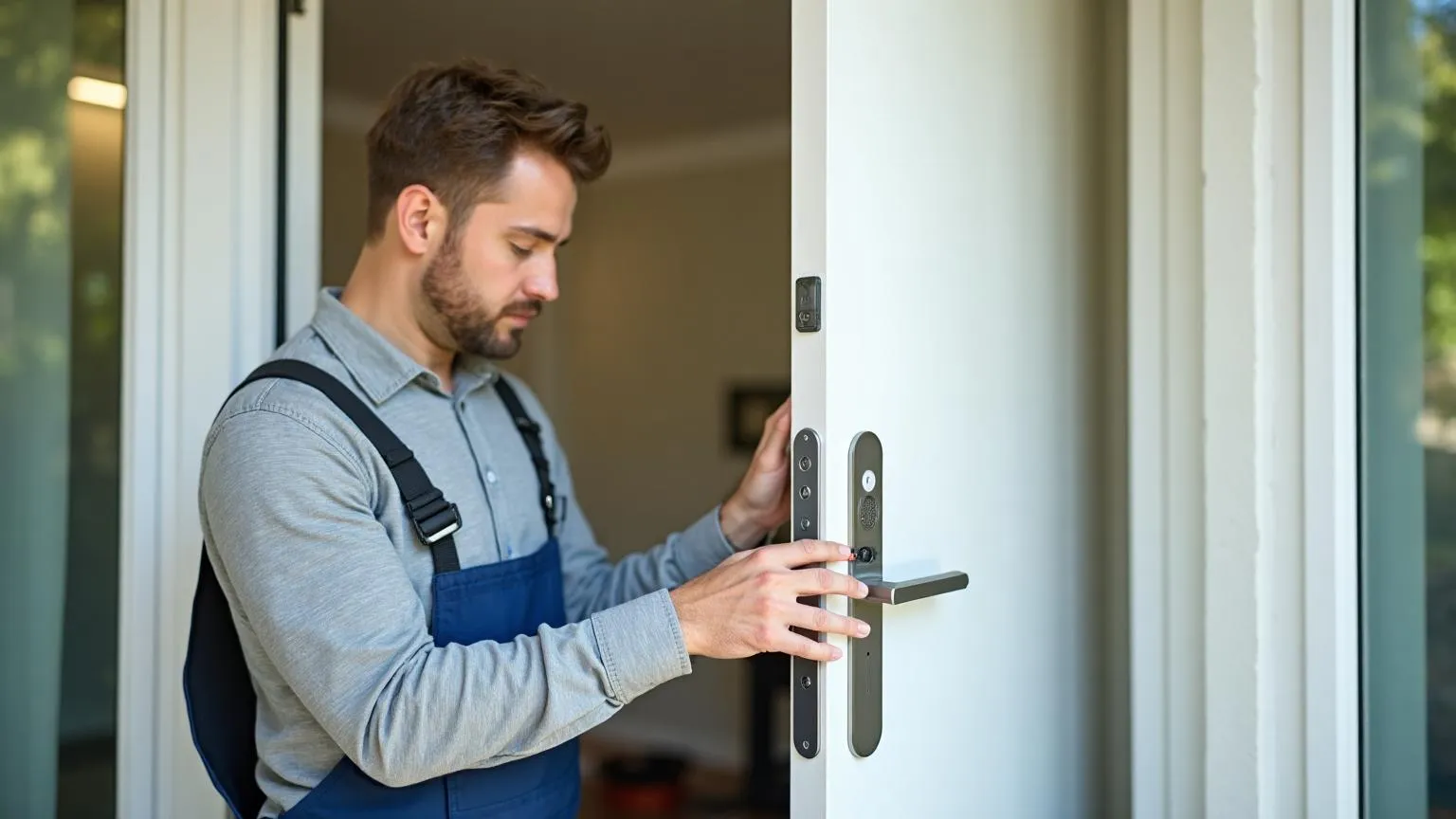 Technician installing a smart video doorbell and connecting it to the homeowner's smart home system