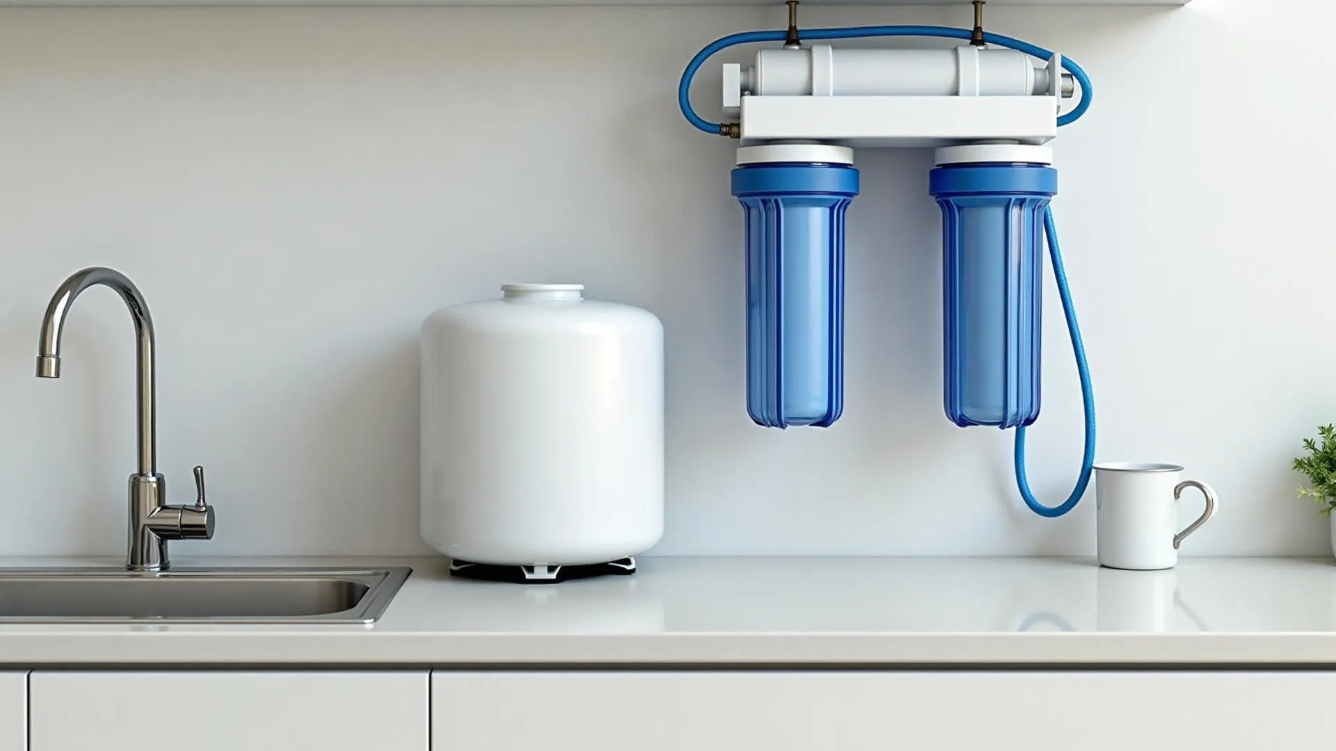 Reverse osmosis water filtration system installed under a kitchen sink with clean tubing and fresh filters
